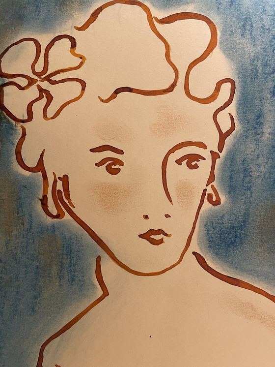 Image 1 of Schilderij Inkt en Pastel Portret Vrouw Art Deco