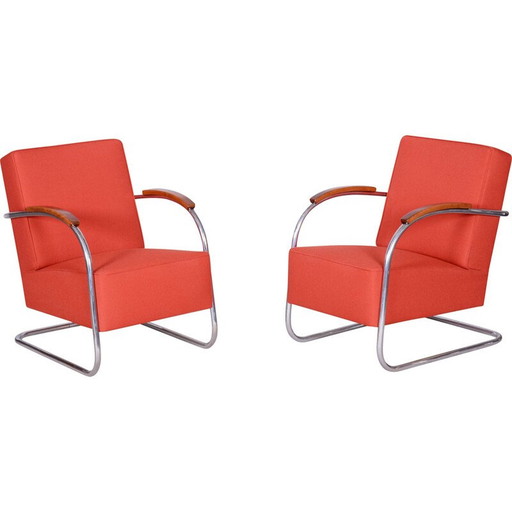 Paar vintage Bauhaus fauteuils in stalen buizen van Mücke Melder, Tsjecho-Slowakije 1930
