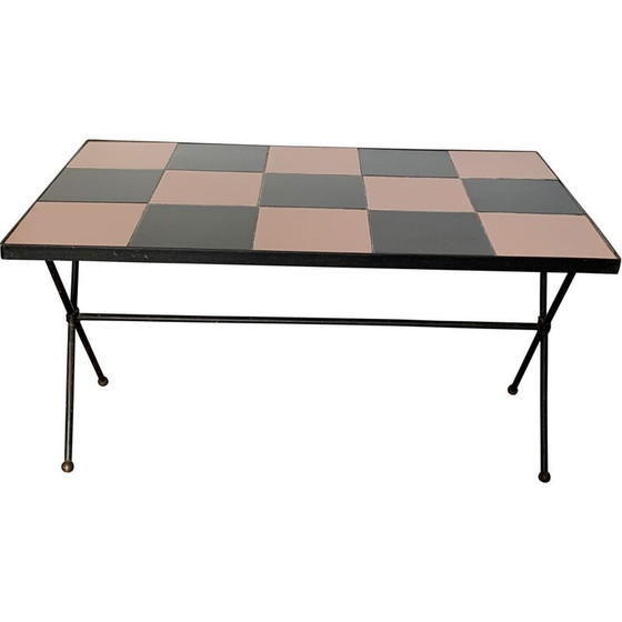 Image 1 of Vintage salontafel in metaal en zwart en roze dambord