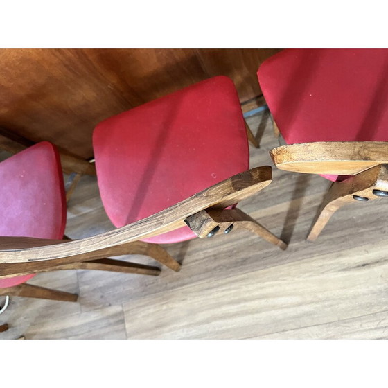 Image 1 of Set van 4 vintage stoelen in hout en rood vinyl