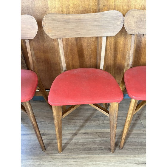 Image 1 of Set van 4 vintage stoelen in hout en rood vinyl