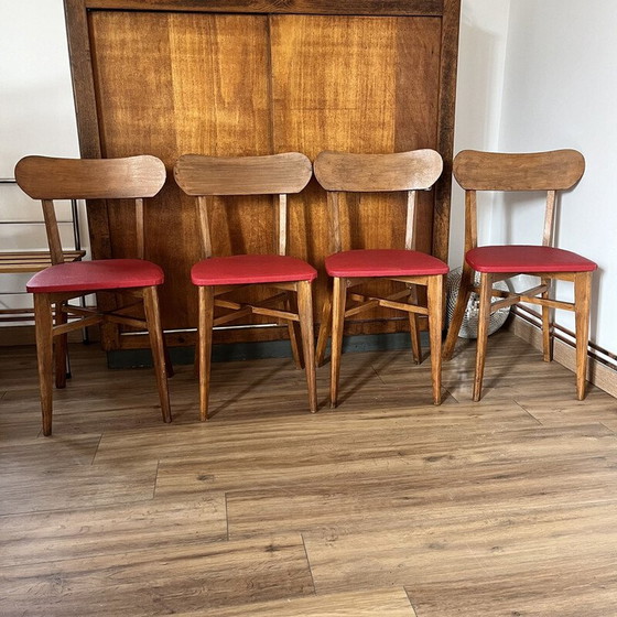 Image 1 of Set van 4 vintage stoelen in hout en rood vinyl