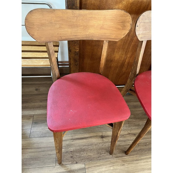 Image 1 of Set van 4 vintage stoelen in hout en rood vinyl