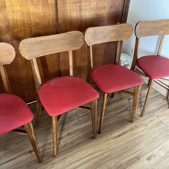 Image 1 of Set van 4 vintage stoelen in hout en rood vinyl