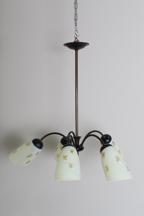 Image 1 of Vintage Kroonluchter, Plafondlamp, 5-Armig - Jaren '50