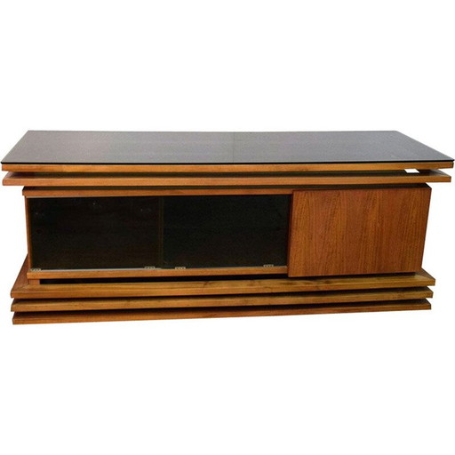 Vintage highboard in walnoot en glas 1970