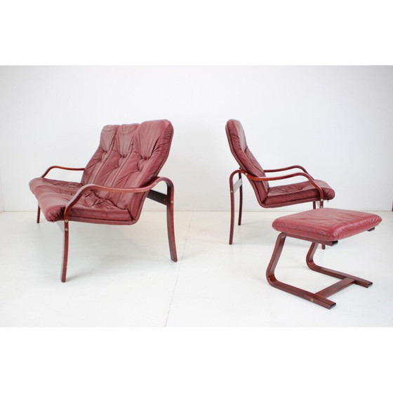 Image 1 of Vintage leren en gebogen beukenhouten woonkamer set van Ton, Tsjecho-Slowakije 1980