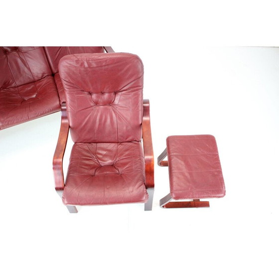 Image 1 of Vintage leren en gebogen beukenhouten woonkamer set van Ton, Tsjecho-Slowakije 1980