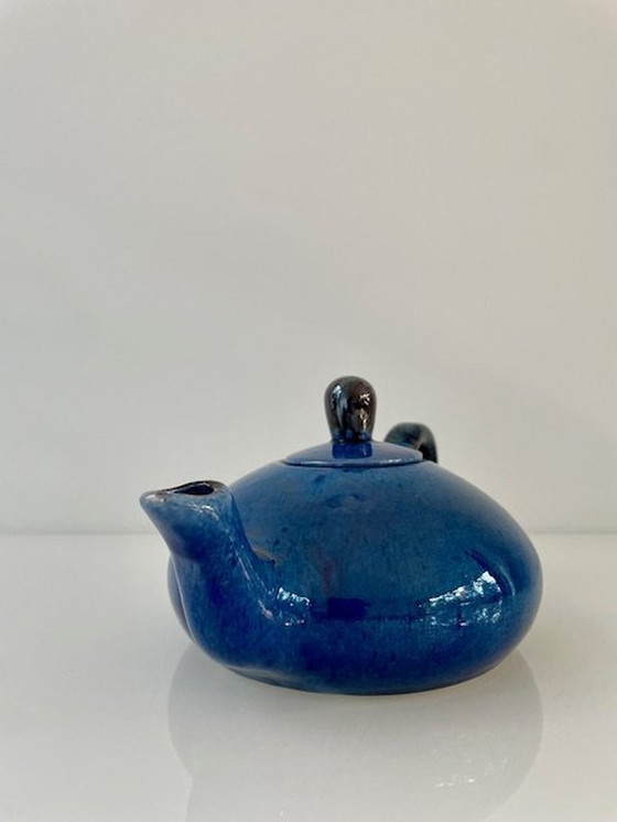 Image 1 of Design Theepot Kobalt Blauw En Zwart Glazuur