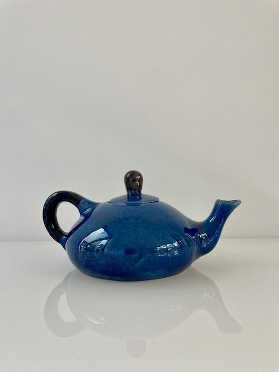 Image 1 of Design Theepot Kobalt Blauw En Zwart Glazuur