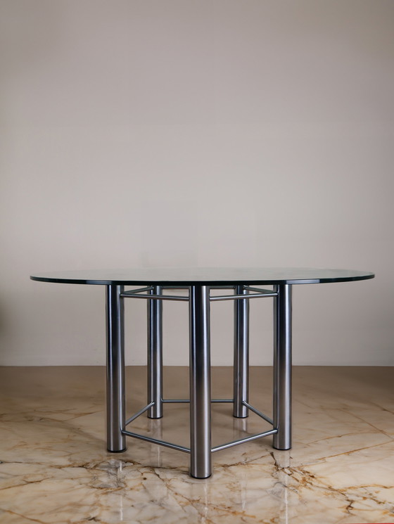 Image 1 of Postmoderne eettafel van staal en glas