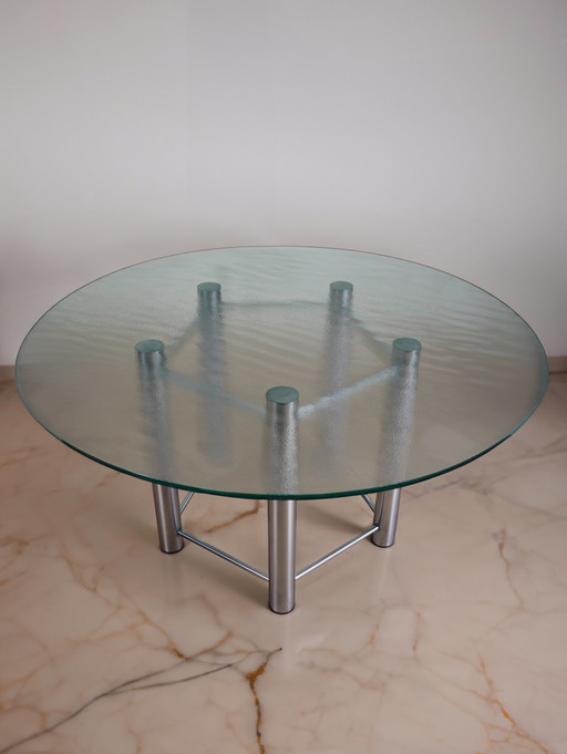 Postmoderne eettafel van staal en glas