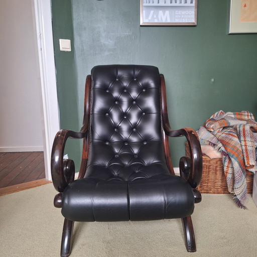 Fauteuil,  Mahonie, Zwart Leer