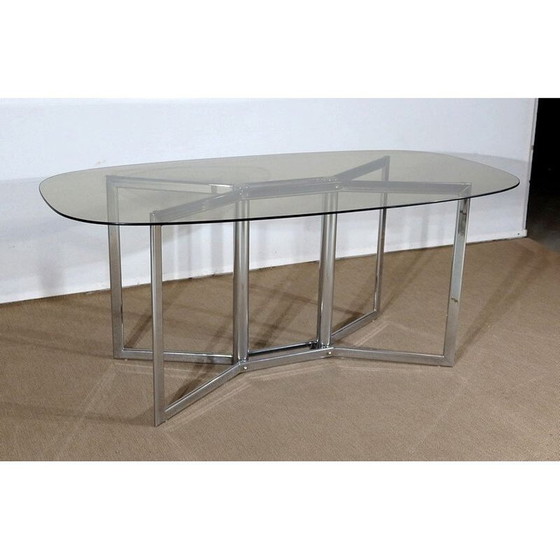 Image 1 of Vintage tafel van verchroomd metaal en rookglas, 1970