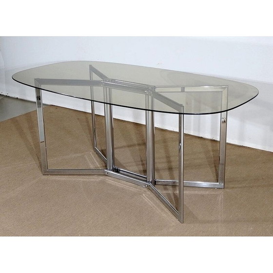 Image 1 of Vintage tafel van verchroomd metaal en rookglas, 1970