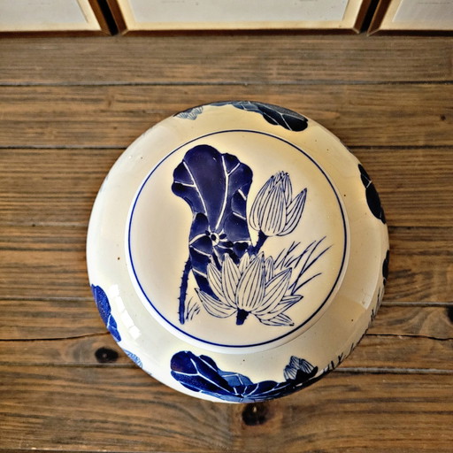 Chinese keramische gembervaas / pot met witte en blauwe decoratie van vogels en planten