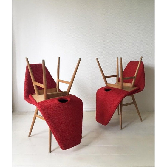 Image 1 of Set van 4 vintage rode stoffen stoelen van Burian en Szek, 1950