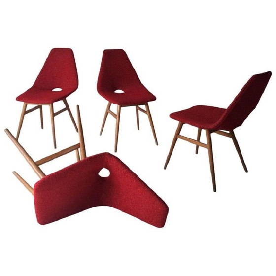 Image 1 of Set van 4 vintage rode stoffen stoelen van Burian en Szek, 1950