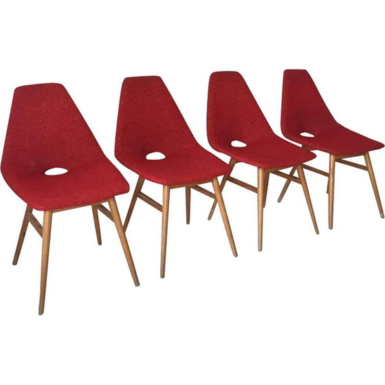 Image 1 of Set van 4 vintage rode stoffen stoelen van Burian en Szek, 1950
