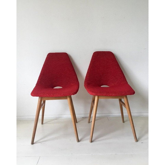 Image 1 of Set van 4 vintage rode stoffen stoelen van Burian en Szek, 1950
