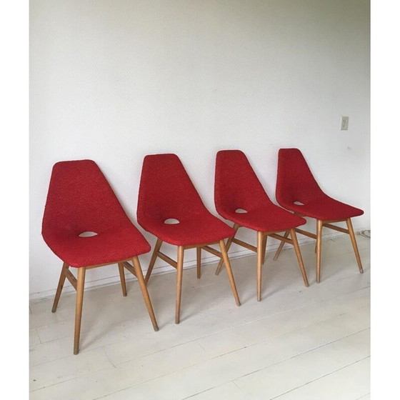 Image 1 of Set van 4 vintage rode stoffen stoelen van Burian en Szek, 1950