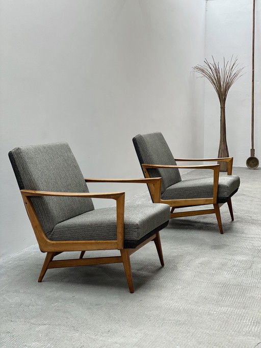 2X Midcentury fauteuil kersenhout textiel, Duitsland 1950-1960