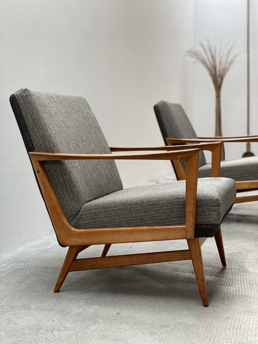 2X Midcentury fauteuil kersenhout textiel, Duitsland 1950-1960