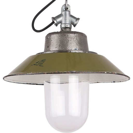 Vintage glazen hanglamp met gepolijst stalen ketting van Energo-Metalowa, Polen 1960