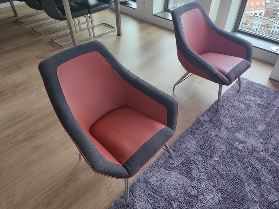 Image 1 of 2x Xooon fauteuil grijze stof met rood leer