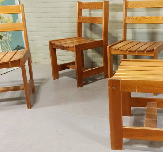 Image 1 of 4 X Vintage massief grenen eetkamerstoelen