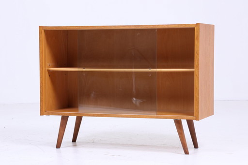 Vintage glazen ladekast 60s Mid Century vitrinekast hal console kast retro 70s hout bruin essenhout opslag