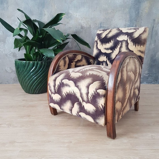 Image 1 of Vintage Art Deco Houten en Velours Lounge Fauteuil, Frans 1930