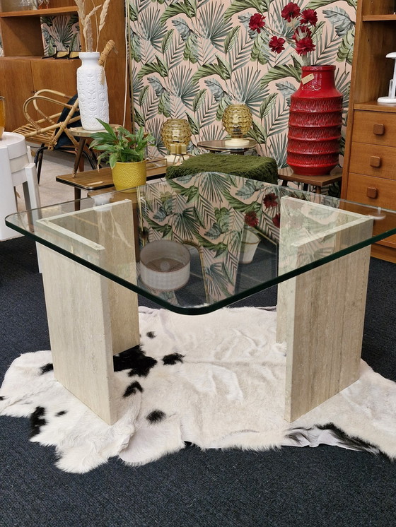 Image 1 of Vintage Salontafel Travertin Glas Jaren 70