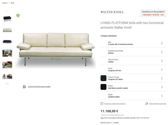 Image 1 of Walter Knoll 'Living Platform' lederen 3 zit sofa