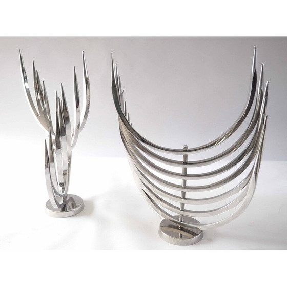 Image 1 of Paar roestvrijstalen kandelaars van Xavier Feal voor Inox Industrie, 1970