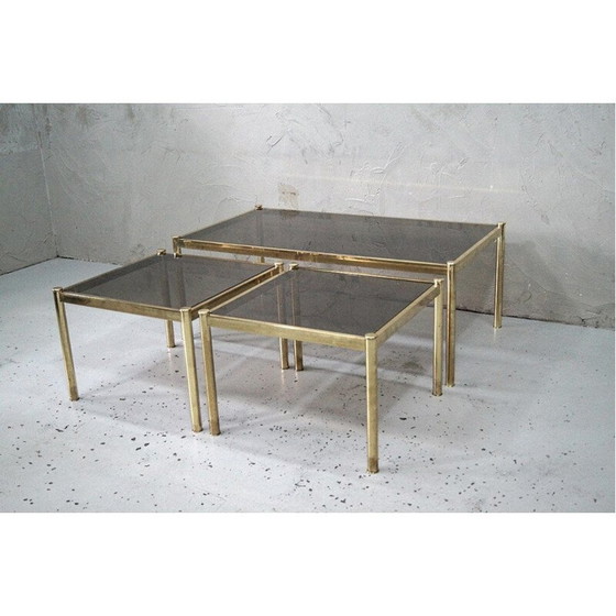 Image 1 of Set van 3 vintage minimalistische salontafels in messing, Italië 1970