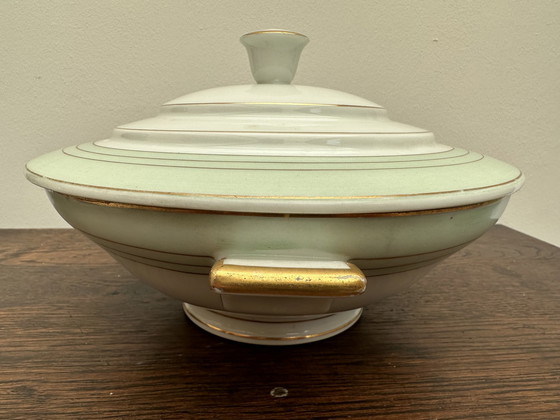 Image 1 of Légumier Art-Deco vert d' eau - Lisérert Or - A. Lanternier & Co Limoges