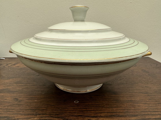 Image 1 of Légumier Art-Deco vert d' eau - Lisérert Or - A. Lanternier & Co Limoges