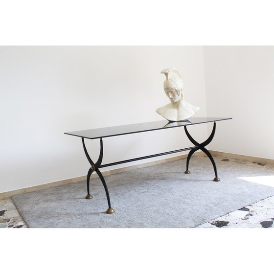 Image 1 of Vintage smeedijzeren tafel met zwart gelakt glas, Italië 1970