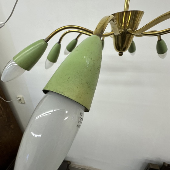 Image 1 of Jaren 50 plafondlamp spider koper met groene kapjes