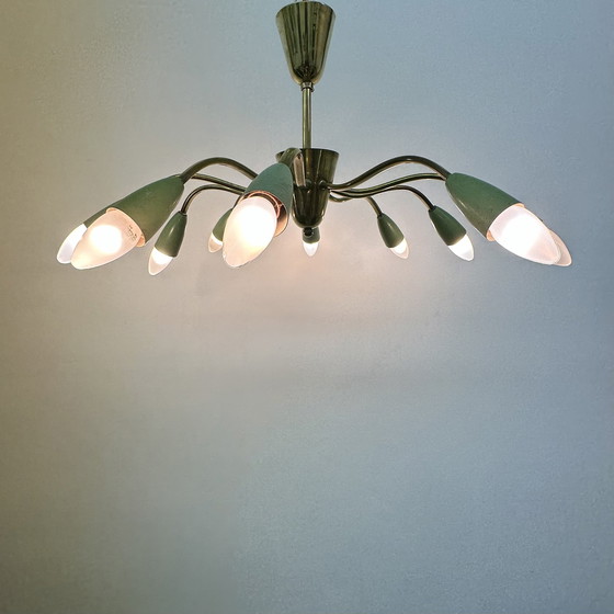 Image 1 of Jaren 50 plafondlamp spider koper met groene kapjes