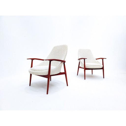 Paar vintage houten en witte gekrulde stoffen fauteuils, Italië 1960