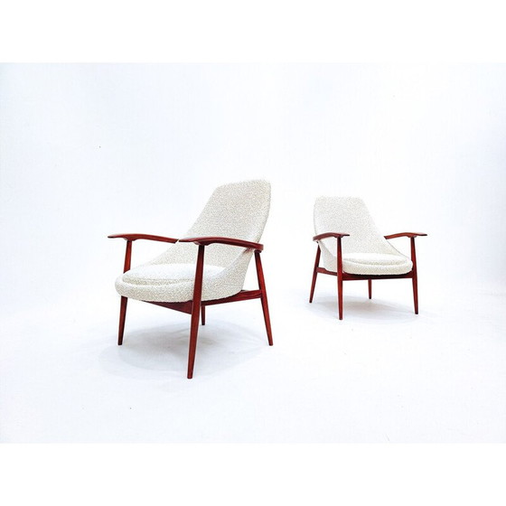 Image 1 of Paar vintage houten en witte gekrulde stoffen fauteuils, Italië 1960