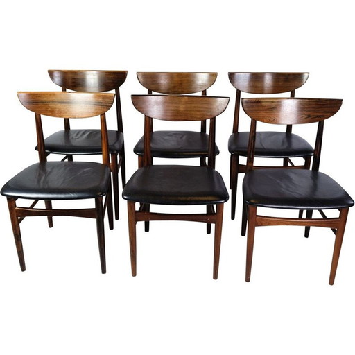 Set van 6 vintage eetkamerstoelen in rozenhout met zwart leer, jaren 1960