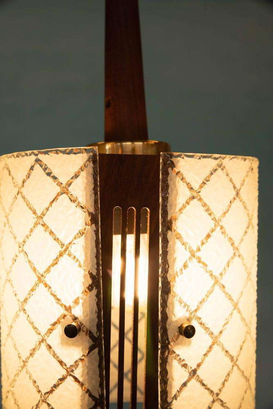 Image 1 of Vintage chique hanglamp jaren 60, teak glas en messing