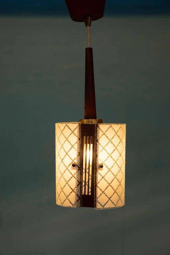 Image 1 of Vintage chique hanglamp jaren 60, teak glas en messing