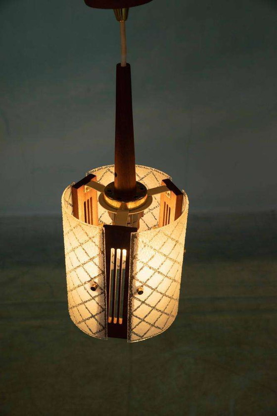 Image 1 of Vintage chique hanglamp jaren 60, teak glas en messing