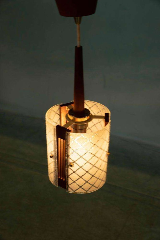 Image 1 of Vintage chique hanglamp jaren 60, teak glas en messing