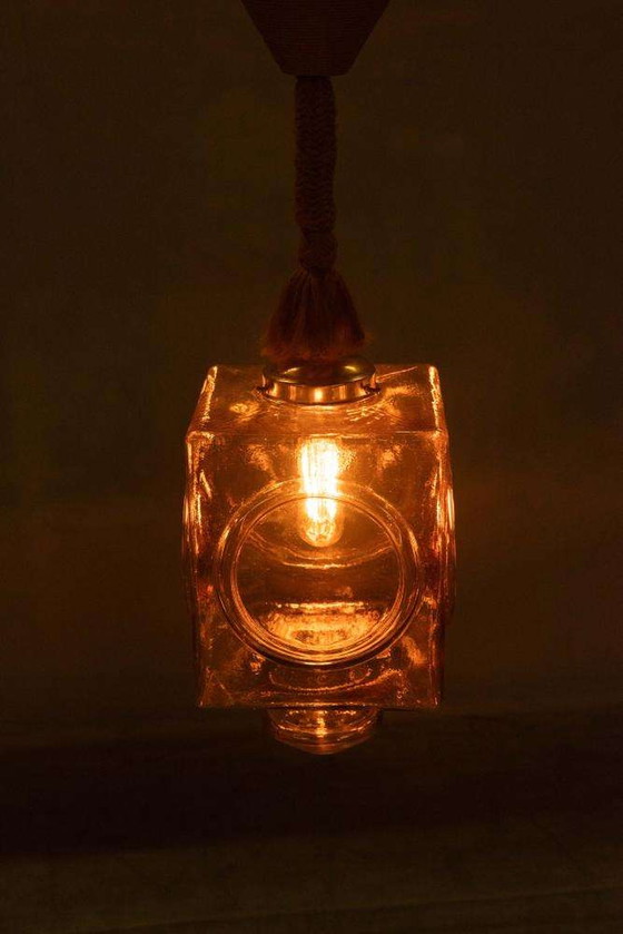 Image 1 of Japandi Glazen hanglamp, bohemian cubic vintage glass lamp