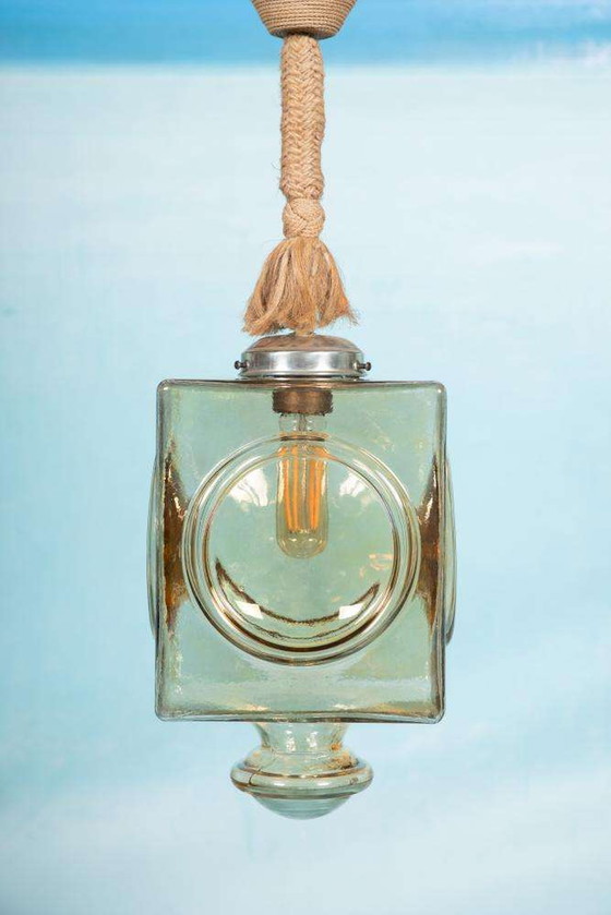 Image 1 of Japandi Glazen hanglamp, bohemian cubic vintage glass lamp